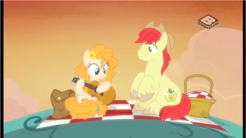 Size: 962x541 | Tagged: safe, derpibooru import, screencap, bright mac, pear butter, pony, the perfect pear, basket, brightbutter, guitar, picnic, picnic basket, picnic blanket