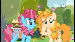 Size: 2560x1440 | Tagged: safe, derpibooru import, screencap, cup cake, pear butter, earth pony, pony, the perfect pear, cake, chiffon swirl, duo, female, flower, flower in hair, food, heart, lidded eyes, mare, pear cake, pear tree, wavy mouth, younger