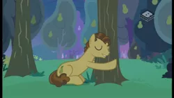 Size: 2560x1440 | Tagged: safe, derpibooru import, screencap, grand pear, earth pony, pony, the perfect pear, eyes closed, hug, male, pear orchard, pear tree, solo, stallion, tree, younger