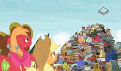Size: 687x400 | Tagged: safe, derpibooru import, screencap, apple bloom, applejack, big macintosh, goldie delicious, cat, earth pony, pony, the perfect pear, animated, apple siblings, book, cat ball, crazy cat lady, dramatic entrance, female, filly, foam finger, gif, goldie delicious' cats, male, mare, pile, stallion, too many cats