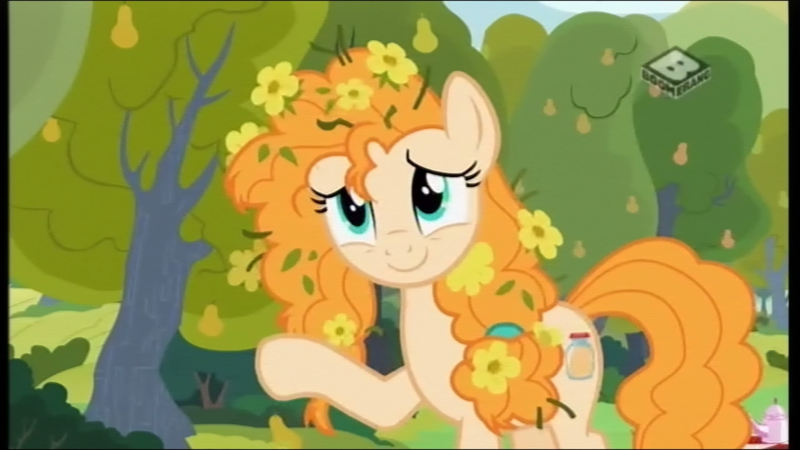 Size: 1366x768 | Tagged: safe, derpibooru import, screencap, pear butter, pony, the perfect pear, cute, flower, flower in hair, pear tree, pearabetes, solo