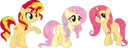 Size: 1118x422 | Tagged: safe, artist:s-haii, derpibooru import, fluttershy, sky skimmer, sunset shimmer, pony, alternate universe, female, flower, flower in hair, lesbian, magical lesbian spawn, offspring, parent:fluttershy, parent:sunset shimmer, parents:sunshyne, shipping, simple background, sunshyne, transparent background