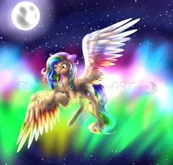 Size: 1024x975 | Tagged: safe, artist:silverbabywolf, derpibooru import, oc, unofficial characters only, pegasus, pony, aurora borealis, colored wings, female, flying, mare, moon, multicolored wings, night, solo