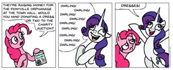 Size: 945x384 | Tagged: safe, artist:gingerfoxy, derpibooru import, pinkie pie, rarity, pony, pony comic generator, comic, darling, flanderization, rarisnap