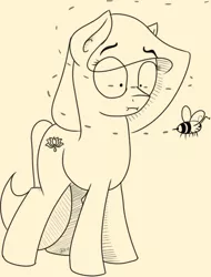 Size: 592x778 | Tagged: safe, artist:jaomt2015, derpibooru import, oc, oc:scarlette lotus, unofficial characters only, bee, earth pony, pony, female, mare, monochrome, solo