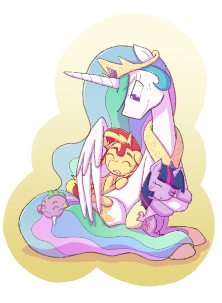 Size: 1404x1920 | Tagged: safe, artist:zanefir-dran, derpibooru import, princess celestia, spike, sunset shimmer, twilight sparkle, alicorn, dragon, pony, unicorn, baby, baby dragon, baby spike, best princess, crown, cute, cutelestia, drool, female, filly, filly sunset shimmer, filly twilight sparkle, foal, hoof shoes, hug, jewelry, male, mare, momlestia, motherly, multicolored mane, multicolored tail, pleased, regalia, shimmerbetes, simple background, sleeping, smiling, spikabetes, spikelove, transparent background, twiabetes, unicorn twilight, winghug, younger