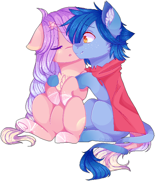 Size: 540x628 | Tagged: safe, artist:shiromidorii, derpibooru import, oc, unofficial characters only, earth pony, pony, cape, clothes, eyes closed, female, male, mare, oc x oc, pixel art, shipping, simple background, stallion, straight, transparent background