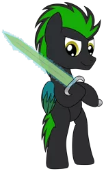 Size: 1126x1819 | Tagged: safe, artist:cloudy95, derpibooru import, oc, oc:electric night, unofficial characters only, pegasus, pony, bipedal, colored wings, electricity, male, multicolored wings, simple background, solo, stallion, sword, transparent background, weapon
