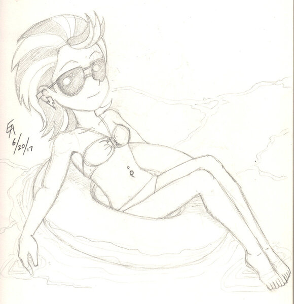 Size: 800x828 | Tagged: suggestive, artist:mayorlight, derpibooru import, indigo zap, equestria girls, friendship games, armpits, barefoot, belly button, bellyring, bikini, breasts, clothes, feet, female, inner tube, monochrome, pencil drawing, piercing, solo, solo female, sunglasses, swimsuit, traditional art