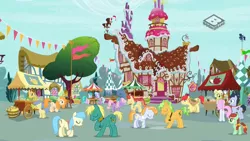 Size: 1024x576 | Tagged: safe, derpibooru import, screencap, bright mac, candy apples, chelsea porcelain, grand pear, granny smith, mr. waddle, pear butter, pearly stitch, unnamed pony, vibrant melody, earth pony, pony, the perfect pear, apple family member, background pony, boomerang (tv channel), brightbutter, colt, dancing, female, filly, male, mare, shipping, stallion, straight, sugarcube corner