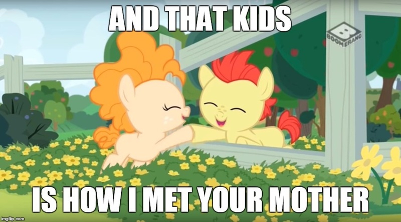 Size: 900x499 | Tagged: safe, derpibooru import, edit, edited screencap, screencap, bright mac, pear butter, pony, the perfect pear, baby, baby pony, brightbutter, female, hoofbump, how i met your mother, male, shipping, straight