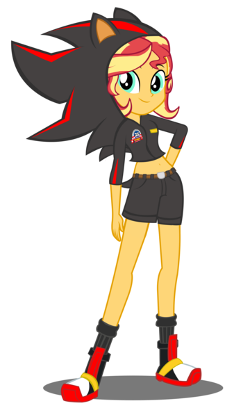 Size: 1487x2649 | Tagged: safe, artist:imperfectxiii, artist:trungtranhaitrung, derpibooru import, edit, vector edit, sunset shimmer, equestria girls, belly button, clothes, cosplay, costume, crossover, female, midriff, shadow the hedgehog, shorts, simple background, sonic the hedgehog (series), transparent background, vector