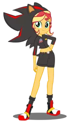 Size: 1487x2649 | Tagged: safe, artist:imperfectxiii, artist:trungtranhaitrung, derpibooru import, edit, vector edit, sunset shimmer, equestria girls, belly button, clothes, cosplay, costume, crossover, female, midriff, shadow the hedgehog, shorts, simple background, sonic the hedgehog (series), transparent background, vector