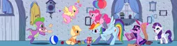 Size: 5000x1300 | Tagged: safe, artist:conte0226, derpibooru import, applejack, fluttershy, pinkie pie, rainbow dash, rarity, spike, twilight sparkle, butterfly, dragon, pony, absurd resolution, age regression, apple, baby, baby bottle, baby pony, balloon, building blocks, flying, food, levitation, magic, mane seven, mane six, scroll, telekinesis, younger