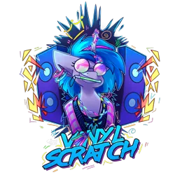 Size: 3000x3000 | Tagged: safe, artist:crownedspade, derpibooru import, vinyl scratch, pony, unicorn, clothes, ear piercing, female, glowstick, mare, mouth hold, piercing, rave, scene kid, simple background, smiling, solo, speakers, sunglasses, transparent background