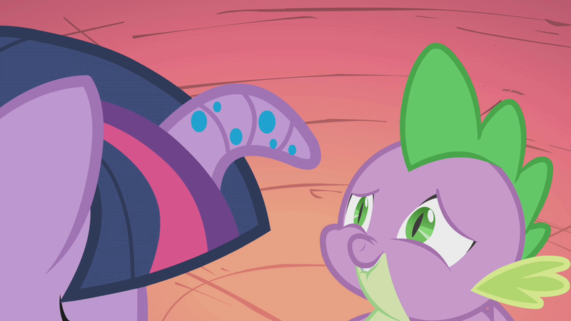 Size: 1280x720 | Tagged: bridle gossip, derpibooru import, dragon, floppy horn, horn, lip bite, safe, screencap, spike, twilight flopple, twilight sparkle