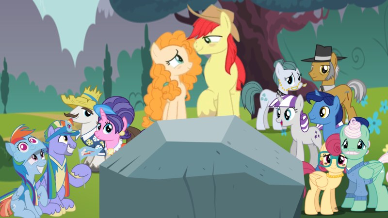 Size: 1920x1080 | Tagged: safe, derpibooru import, bow hothoof, bright mac, cloudy quartz, cookie crumbles, gentle breeze, hondo flanks, igneous rock pie, night light, pear butter, posey shy, twilight velvet, windy whistles, earth pony, pegasus, pony, unicorn, the perfect pear, blushing, brightbutter, cookieflanks, dad six, female, looking at each other, male, married twelve, mom six, nightvelvet, parent, quartzrock, rock, shipping, shys, sitting, smiling, straight, windyhoof