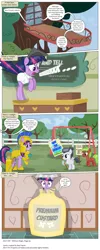 Size: 3300x8273 | Tagged: safe, artist:perfectblue97, derpibooru import, red june, rumble, twilight sparkle, earth pony, pony, comic:without magic, absurd resolution, apple family member, blank flank, comic, custard, earth pony twilight, food, golden oaks library, playground, school, sign, sugarcube corner