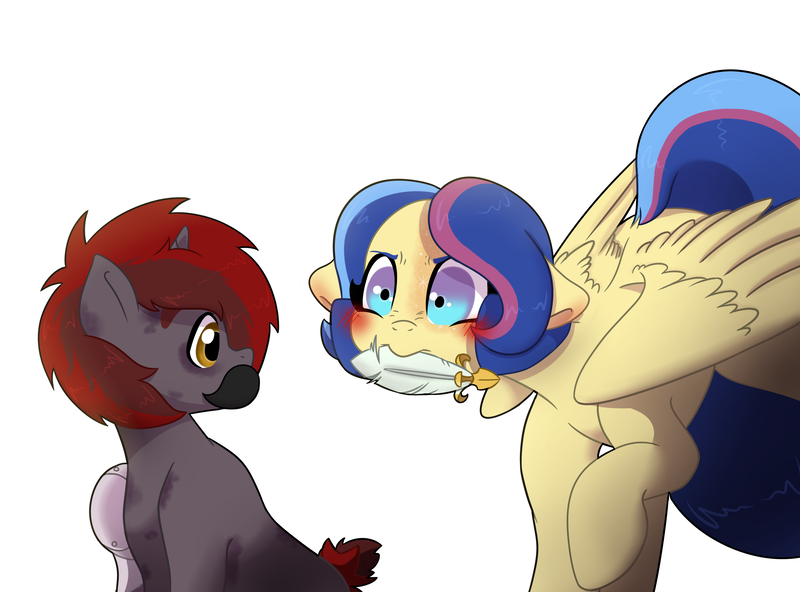 Size: 2559x1893 | Tagged: safe, artist:marukouhai, derpibooru import, oc, oc:honeydew feather, oc:mekanikoak, unofficial characters only, pegasus, pony, amputee, blushing, colt, feather, female, male, mare, mouth hold, oc x oc, offspring, offspring shipping, parent:apple bloom, parent:flash sentry, parent:rumble, parent:twilight sparkle, parents:flashlight, parents:rumbloom, prosthetic limb, prosthetics, shipping, simple background, white background