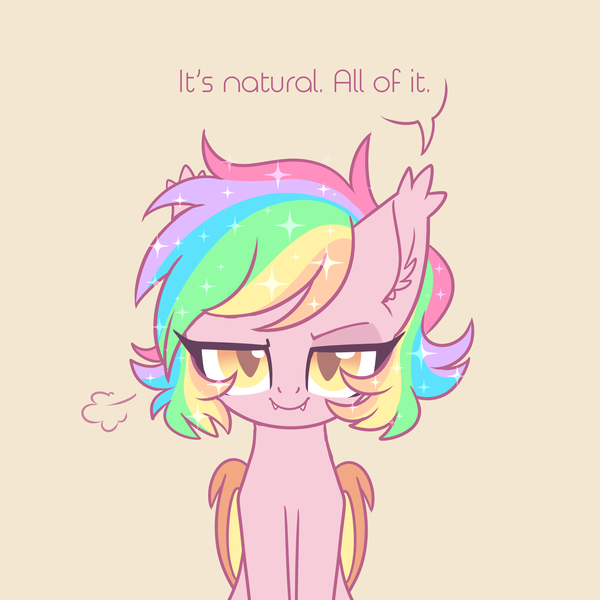 Size: 2600x2600 | Tagged: safe, artist:hawthornss, derpibooru import, oc, oc:paper stars, unofficial characters only, bat pony, pony, ask paper stars, bedroom eyes, cute, cute little fangs, ear fluff, fangs, looking at you, rainbow hair, solo, sparkles