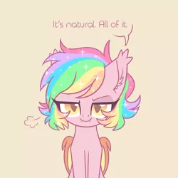 Size: 2600x2600 | Tagged: safe, artist:hawthornss, derpibooru import, oc, oc:paper stars, unofficial characters only, bat pony, pony, ask paper stars, bedroom eyes, cute, cute little fangs, ear fluff, fangs, looking at you, rainbow hair, solo, sparkles