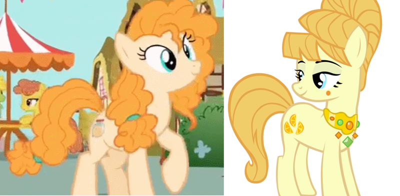 Size: 1258x618 | Tagged: safe, derpibooru import, aunt orange, cinnamon pear, cornice pear, pear butter, earth pony, pony, the perfect pear, comparison, female, pear family member, shiny concorde