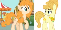 Size: 1258x618 | Tagged: safe, derpibooru import, aunt orange, cinnamon pear, cornice pear, pear butter, earth pony, pony, the perfect pear, comparison, female, pear family member, shiny concorde