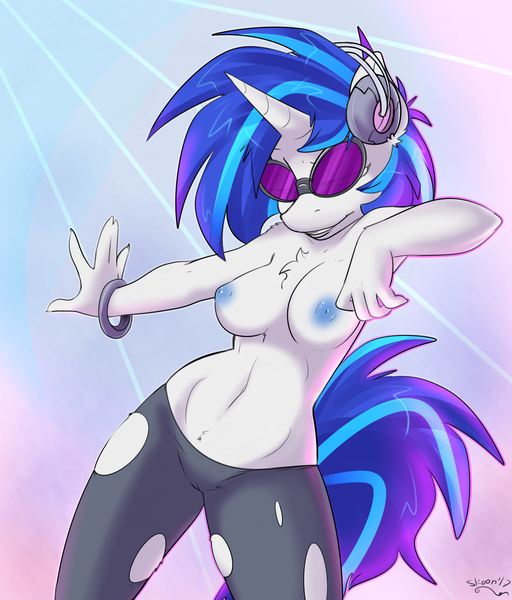 Size: 1920x2250 | Tagged: questionable, alternate version, artist:skoon, derpibooru import, vinyl scratch, anthro, unicorn, belly button, bracelet, breasts, busty vinyl scratch, cameltoe, chest fluff, clothes, female, headphones, jewelry, looking at you, mare, nipples, nudity, partial nudity, pubic fluff, smiling, smirk, solo, solo female, sunglasses, topless, torn clothes, vinyl's glasses