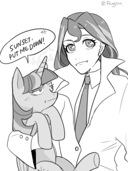 Size: 500x667 | Tagged: safe, artist:extraluna, derpibooru import, sunset shimmer, twilight sparkle, twilight sparkle (alicorn), alicorn, human, pony, vampire, alternate costumes, angry, annoyed, clothes, coat, cross-popping veins, cute, dialogue, fangs, female, grayscale, holding a pony, human and pony, humanized, lesbian, looking at you, monochrome, shipping, simple background, speech bubble, sunsetsparkle, twiabetes