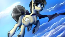 Size: 1920x1080 | Tagged: suggestive, artist:mici124, artist:micioutaki, derpibooru import, oc, oc:icy breeze, unofficial characters only, bat pony, pony, featureless crotch, female, flying, mare, plot, simple background, sky, solo, solo female