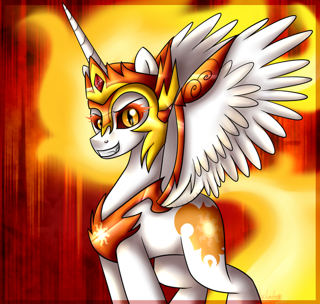 Size: 1261x1200 | Tagged: safe, artist:lada03, derpibooru import, daybreaker, alicorn, pony, a royal problem, grin, smiling, solo, spread wings, wings