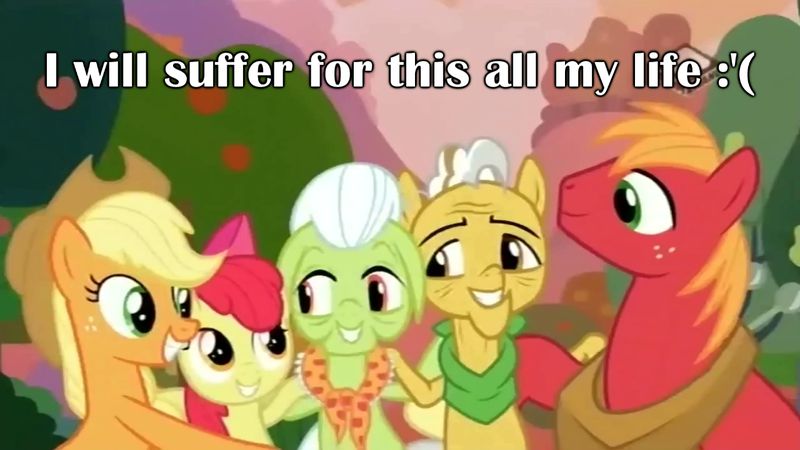 Size: 1280x720 | Tagged: safe, derpibooru import, edit, edited screencap, screencap, apple bloom, applejack, big macintosh, grand pear, granny smith, pony, the perfect pear