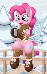 Size: 2180x3440 | Tagged: safe, artist:ohemo, derpibooru import, pinkie pie, pony, blue eyes, boots, bridge, brown scart, brown socks, chocolate, clothes, cute, digital art, food, forest, hoof boots, hot chocolate, looking at something, mountain, open mouth, pink coat, pink hair, pink mane, pink tail, plaid, plaid scarf, plaid socks, pom pom (clothes), river, scarf, shoes, sitting, snow, socks, solo, tree, winter