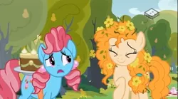 Size: 829x462 | Tagged: safe, derpibooru import, screencap, cup cake, pear butter, earth pony, pony, the perfect pear, cake, chiffon swirl, duo, female, flower, flower in hair, food, mare, pear cake, pear tree