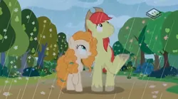 Size: 829x462 | Tagged: safe, derpibooru import, screencap, bright mac, pear butter, pony, the perfect pear, brightbutter, female, male, pear tree, rain, shipping, spring, straight