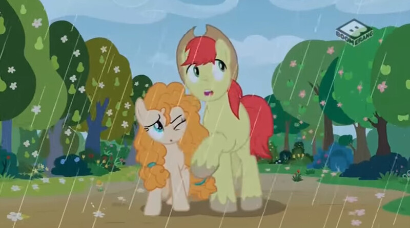 Size: 829x462 | Tagged: safe, derpibooru import, screencap, bright mac, pear butter, pony, the perfect pear, brightbutter, female, male, pear tree, rain, shipping, spring, straight