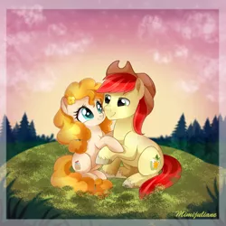 Size: 900x900 | Tagged: safe, artist:mimijuliane, derpibooru import, bright mac, pear butter, earth pony, pony, the perfect pear, brightbutter, eye contact, female, holding, holding each other, looking at each other, male, mare, outdoors, shipping, sitting, smiling, stallion, straight