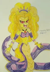 Size: 749x1066 | Tagged: safe, artist:malevolentsamson, artist:psygcosis507, derpibooru import, adagio dazzle, lamia, original species, snake, equestria girls, adorabolical, adoragio, cute, gem, solo, traditional art