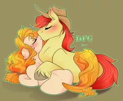 Size: 2348x1939 | Tagged: safe, artist:dragonfoxgirl, derpibooru import, bright mac, pear butter, earth pony, pony, the perfect pear, blushing, brightbutter, cute, female, husband and wife, kissing, male, mare, shipping, stallion, straight