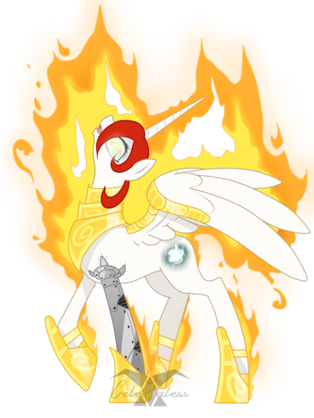 Size: 900x1200 | Tagged: safe, artist:celestialess, derpibooru import, oc, oc:starlight solaris, unofficial characters only, alicorn, pony, alicorn oc, amputee, fire head, prosthetic limb, prosthetics, simple background, transparent background, watermark