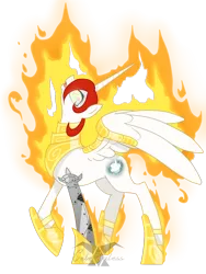 Size: 900x1200 | Tagged: safe, artist:celestialess, derpibooru import, oc, oc:starlight solaris, unofficial characters only, alicorn, pony, alicorn oc, amputee, fire head, prosthetic limb, prosthetics, simple background, transparent background, watermark