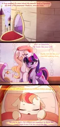 Size: 2344x4987 | Tagged: safe, artist:magnaluna, derpibooru import, princess celestia, twilight sparkle, twilight sparkle (alicorn), oc, oc:nube, alicorn, pony, absurd resolution, baby, baby pony, canterlot, castle, comic, female, foal, lesbian, magical lesbian spawn, mare, next generation, offspring, parent:princess celestia, parent:twilight sparkle, parents:twilestia, shipping, twilestia