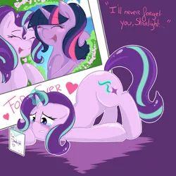 Size: 3000x3000 | Tagged: safe, artist:saralien, derpibooru import, starlight glimmer, twilight sparkle, twilight sparkle (alicorn), alicorn, pony, unicorn, blushing, context is for the weak, crying, cuddling, cute, duo, eyes closed, female, glimmerbetes, heart, lesbian, levitation, magic, photo, picture, sad, shipping, telekinesis, twiabetes, twistarlight