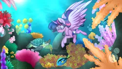 Size: 1024x576 | Tagged: safe, artist:twisted-sketch, derpibooru import, twilight sparkle, twilight sparkle (alicorn), alicorn, fish, pony, turtle, clothes, coral reef, deep sea, diving, goggles, one-piece swimsuit, open-back swimsuit, print, solo, swimming, swimsuit, underwater, watermark