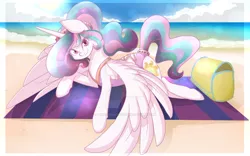Size: 1024x640 | Tagged: safe, artist:twisted-sketch, derpibooru import, princess celestia, alicorn, pony, beach, beach towel, clothes, female, looking at you, ocean, one-piece swimsuit, open-back swimsuit, print, prone, solo, swimsuit, towel, watermark