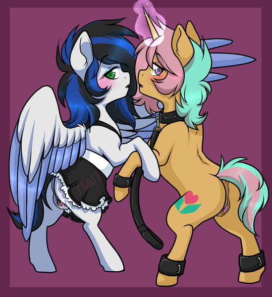 Size: 3514x3839 | Tagged: explicit, artist:twistedsketchnsfw, derpibooru import, oc, unofficial characters only, pegasus, pony, unicorn, blushing, bondage, bondage cuffs, clothes, collar, commission, female, leash, lesbian, skirt, skirt lift