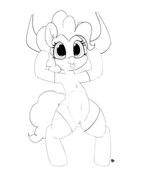 Size: 1280x1556 | Tagged: safe, artist:pabbley, derpibooru import, pinkie pie, pony, not asking for trouble, 30 minute art challenge, armpits, belly button, bipedal, chest fluff, clothes, cute, helmet, honorary yak horns, horned helmet, monochrome, pubic fluff, simple background, solo, stockings, thigh highs, tongue out, viking helmet, white background
