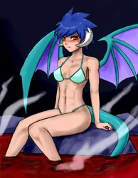 Size: 2000x2572 | Tagged: artist:ixalon, artist:johnjoseco, bikini, blushing, breasts, clothes, colored, color edit, derpibooru import, edit, female, horns, hot springs, human, humanized, lava, princess ember, solo, solo female, suggestive, swimsuit, tail, wings