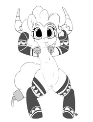 Size: 5000x6566 | Tagged: safe, artist:pabbley, derpibooru import, pinkie pie, pony, not asking for trouble, absurd resolution, armpits, belly button, bipedal, chest fluff, clothes, cute, helmet, honorary yak horns, horned helmet, monochrome, pubic fluff, simple background, socks, solo, stockings, thigh highs, tongue out, viking helmet, white background