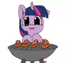 Size: 6949x6708 | Tagged: safe, artist:pabbley, derpibooru import, twilight sparkle, pony, unicorn, absurd resolution, drool, eyes on the prize, female, food, grill, hooves together, mare, meat, omnivore twilight, open mouth, ponies eating meat, ponies wanting to eat meat, sausage, she knows, simple background, smiling, solo, unicorn twilight, white background